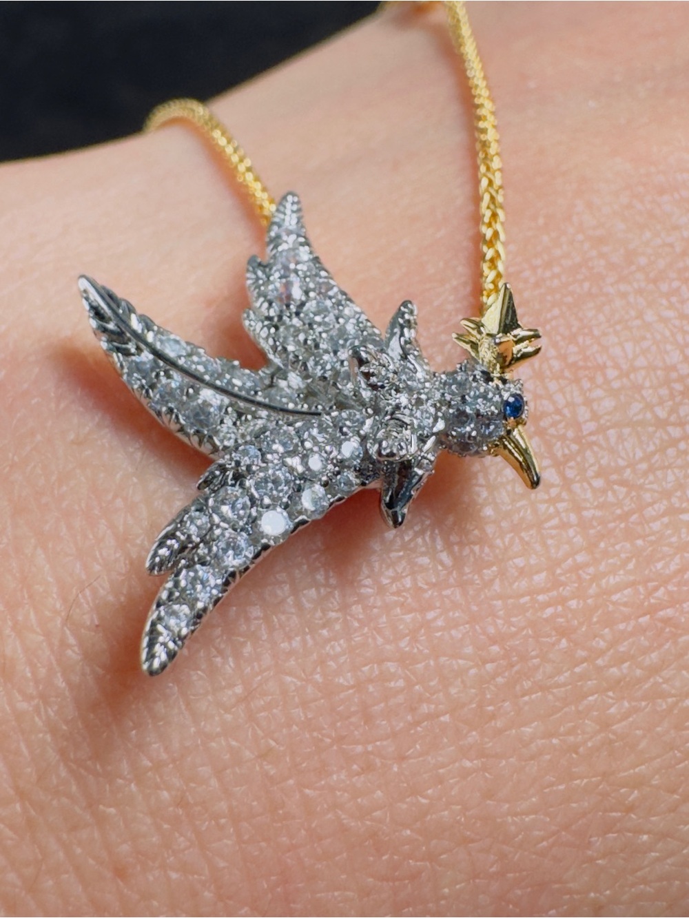 Diamond Pavé Bird Pendant Necklace in Silver and Gold